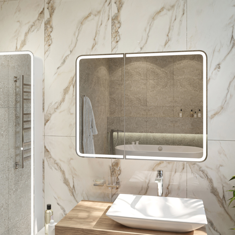 Зеркало-шкаф Stworki Ольборг МВК080 100, с подсветкой, навесное, белое, большое, в стиле лофт, с розеткой (МВК080)