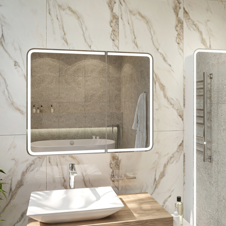 Зеркало-шкаф Stworki Ольборг МВК080 100, с подсветкой, навесное, белое, большое, в стиле лофт, с розеткой (МВК080)