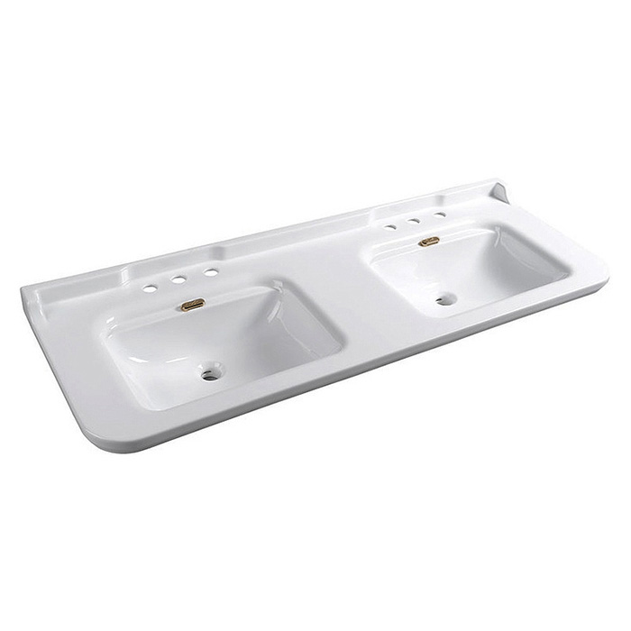 Раковина Kerasan Waldorf 150х55 см, 3 отв., двойная, керамическая, белый/бронза