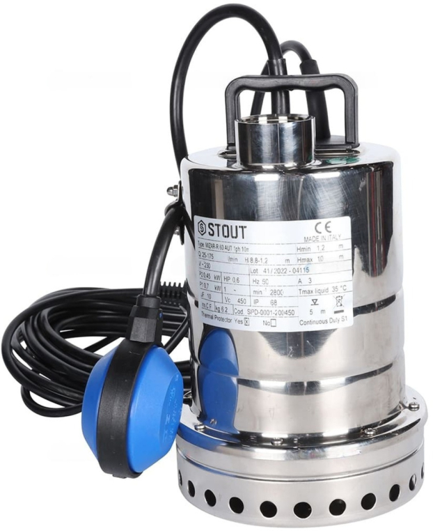 STOUT SPD-0001-200450 Насос дренажный с поплавком, кабель 10 м, 230V, Q=170 л/мин, H=8,8 м