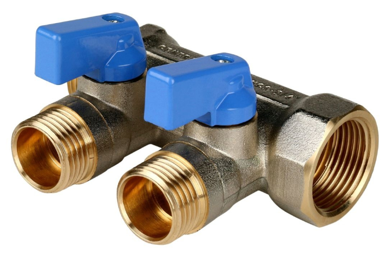 STOUT Коллектор с шаровыми кранами 3/4", 2 отвода 1/2" (синие ручки) (SMB 6201 341202)