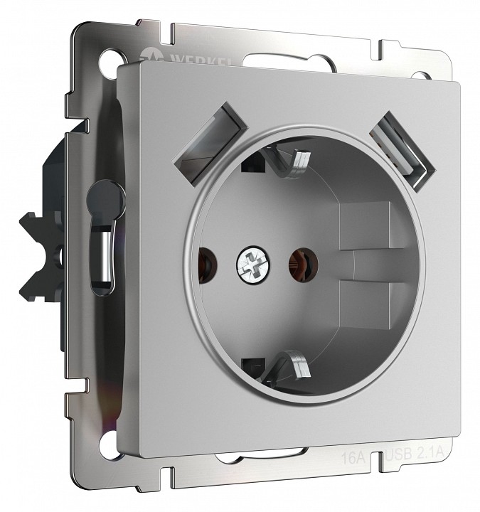 Розетка с заземлением, шторками и 2хUSB, без рамки Werkel серебряный W1171506