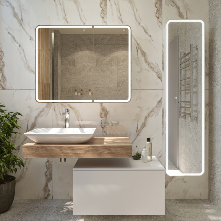 Зеркало-шкаф Stworki Ольборг МВК080 100, с подсветкой, навесное, белое, большое, в стиле лофт, с розеткой (МВК080)