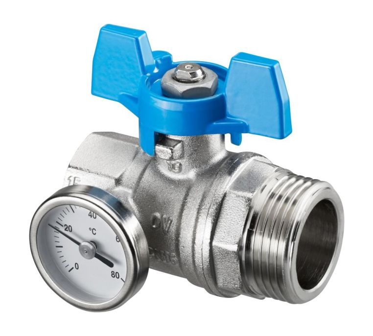 Шаровой кран с плоским уплотнением Ду20, G3/4"BP x G1"HP, с термометром (0–80 °C), с синим маховиком Oventrop (1406583)