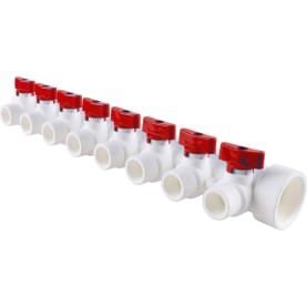 3262-mnr-400820 Kalde Коллектор с запорными кранами (цвет ручек красный) на 8 выходов для полипропиленовых труб под сварку (цвет белый)