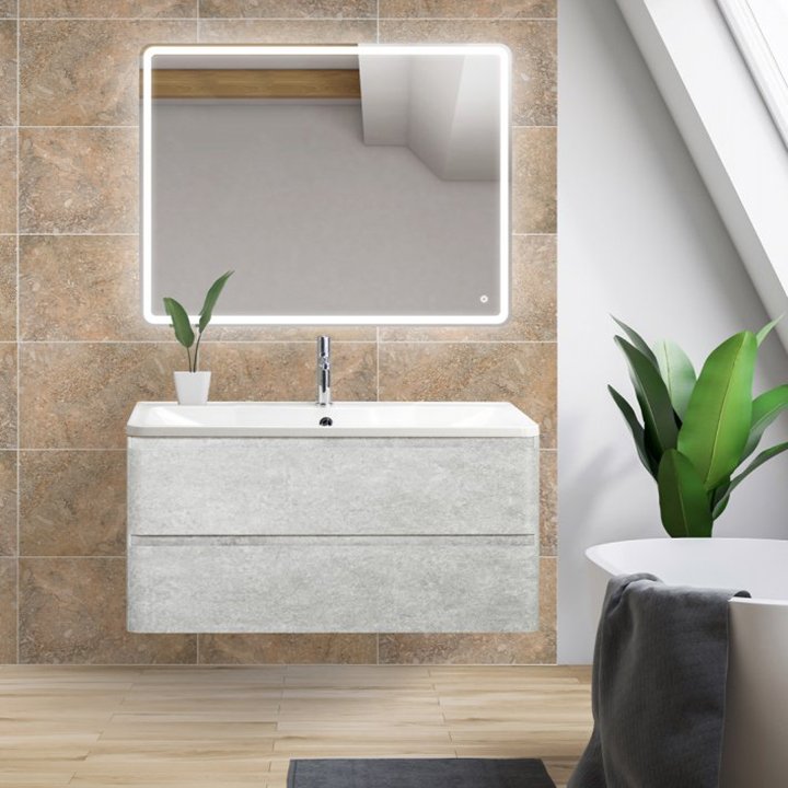 Комплект мебели BelBagno Albano 100 подвесная, cemento verona grigio (ALBANO-1000-2C-SO-CVG+BB1000/455-LV-MR-ALR+SPC-GRT-1000-800-LED-TCH)