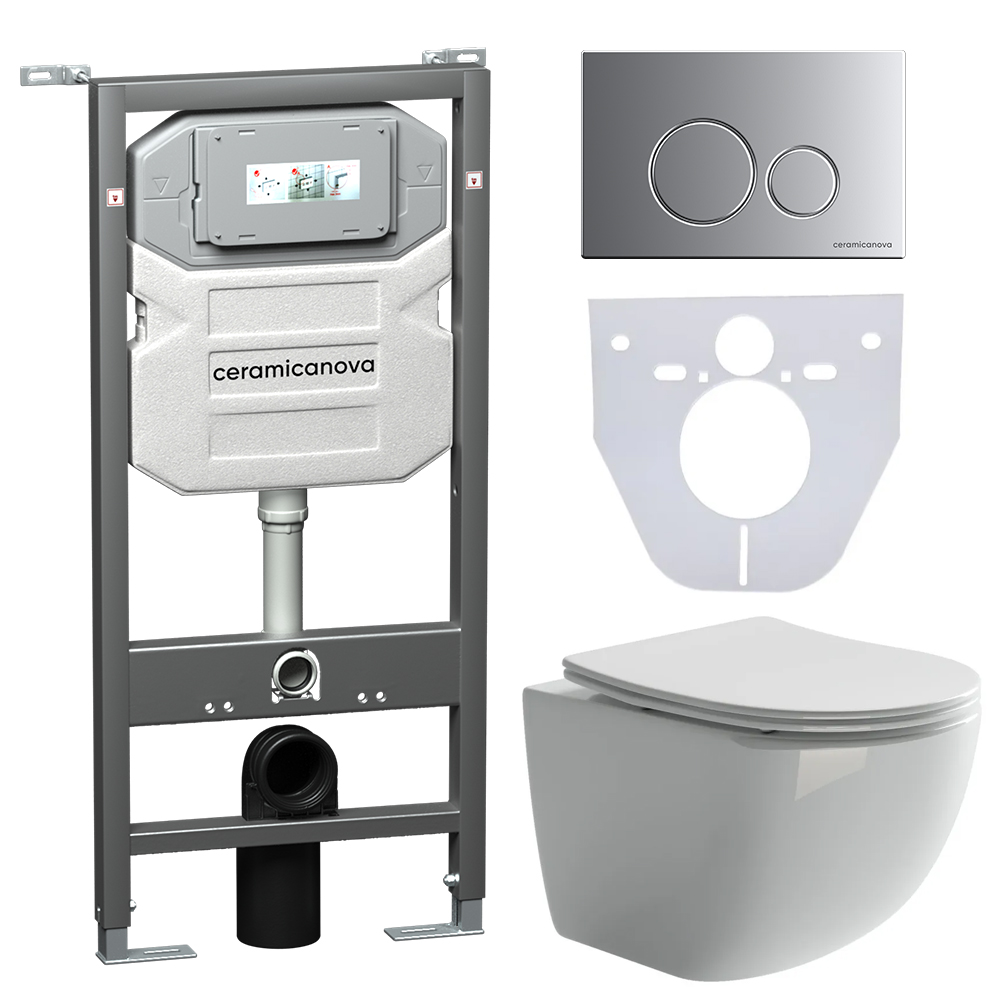 Сет 4 в 1 Инсталляция с кнопкой+унитаз+шумоизоляция CERAMICANOVA Подвесной унитаз Forma+Шумоизоляционная панель+Система инсталляции с кнопкой Round цвет хром матовый