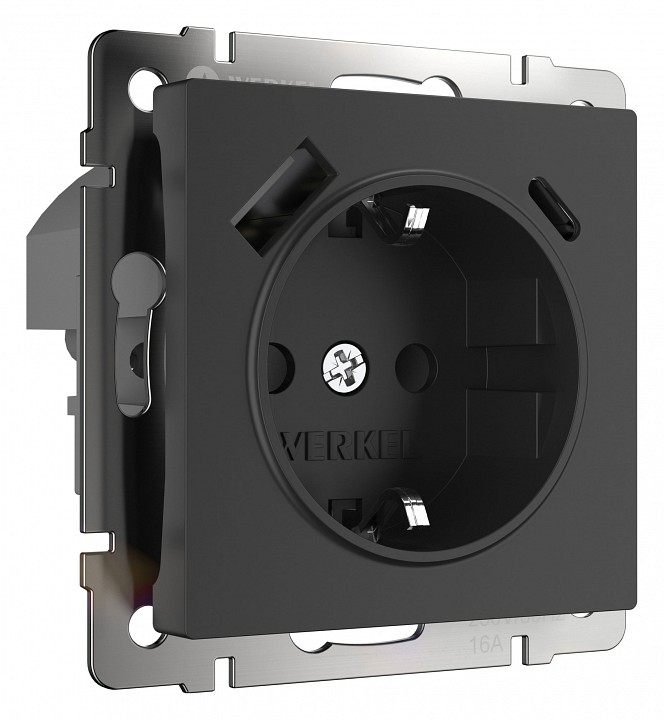 Розетка с заземлением, шторками и USB, без рамки Werkel черный W1171708